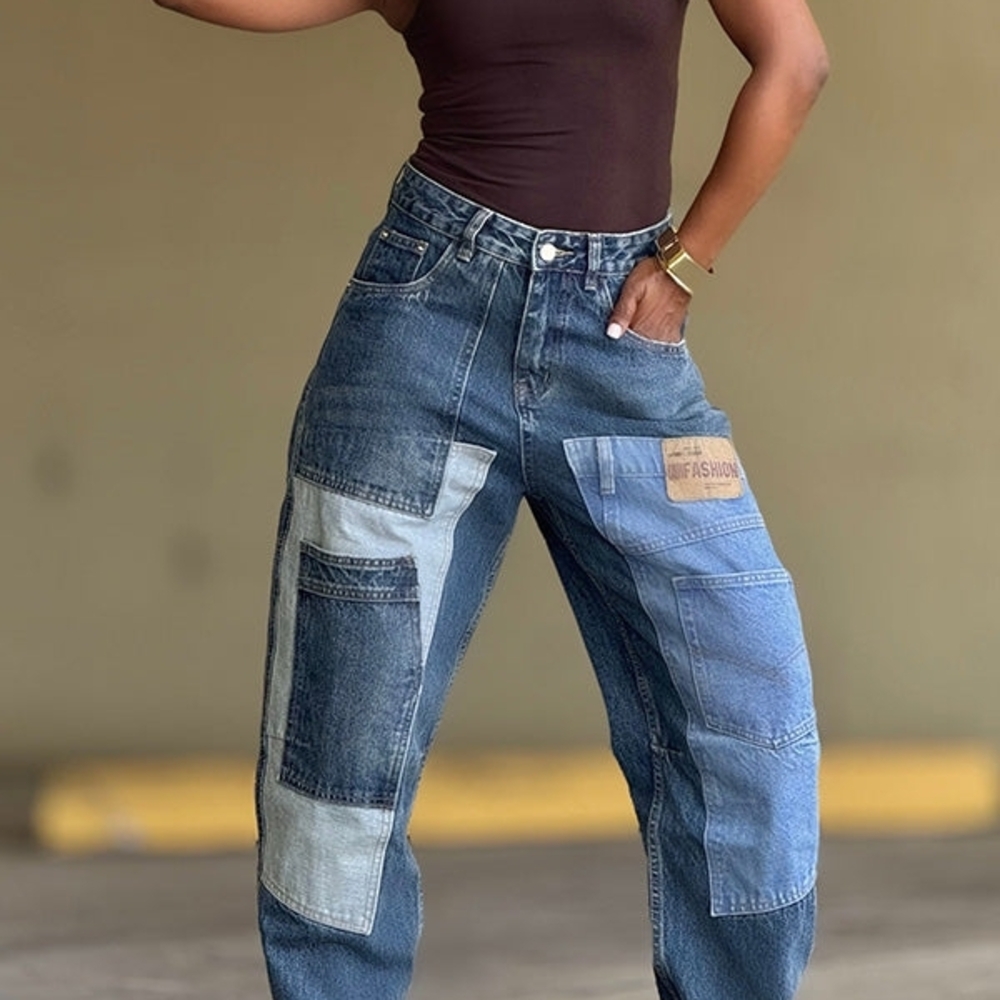 Heritage Relaxed Patchwork Jeans - Blue and Gray